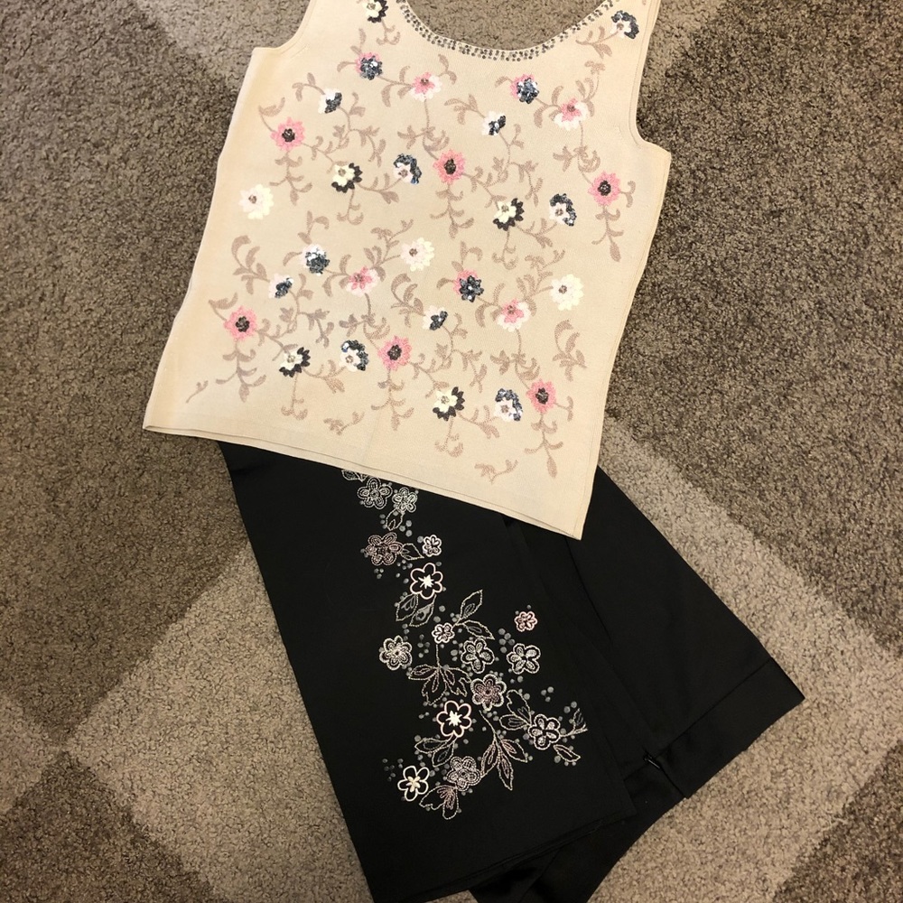 Knit tank & embroidered satin pant set